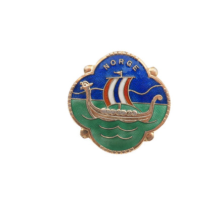 OF Hjortdahl 925S Sterling Gold Plated Vintage Norway Enamel Viking Ship Brooch