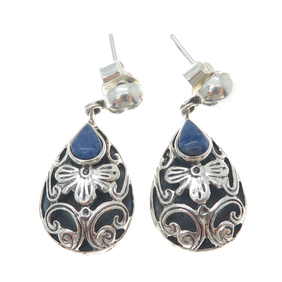 950 Silver Vintage Real Sodalite Gemstone Floral Teardrop Dangle Earrings
