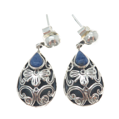 950 Silver Vintage Real Sodalite Gemstone Floral Teardrop Dangle Earrings