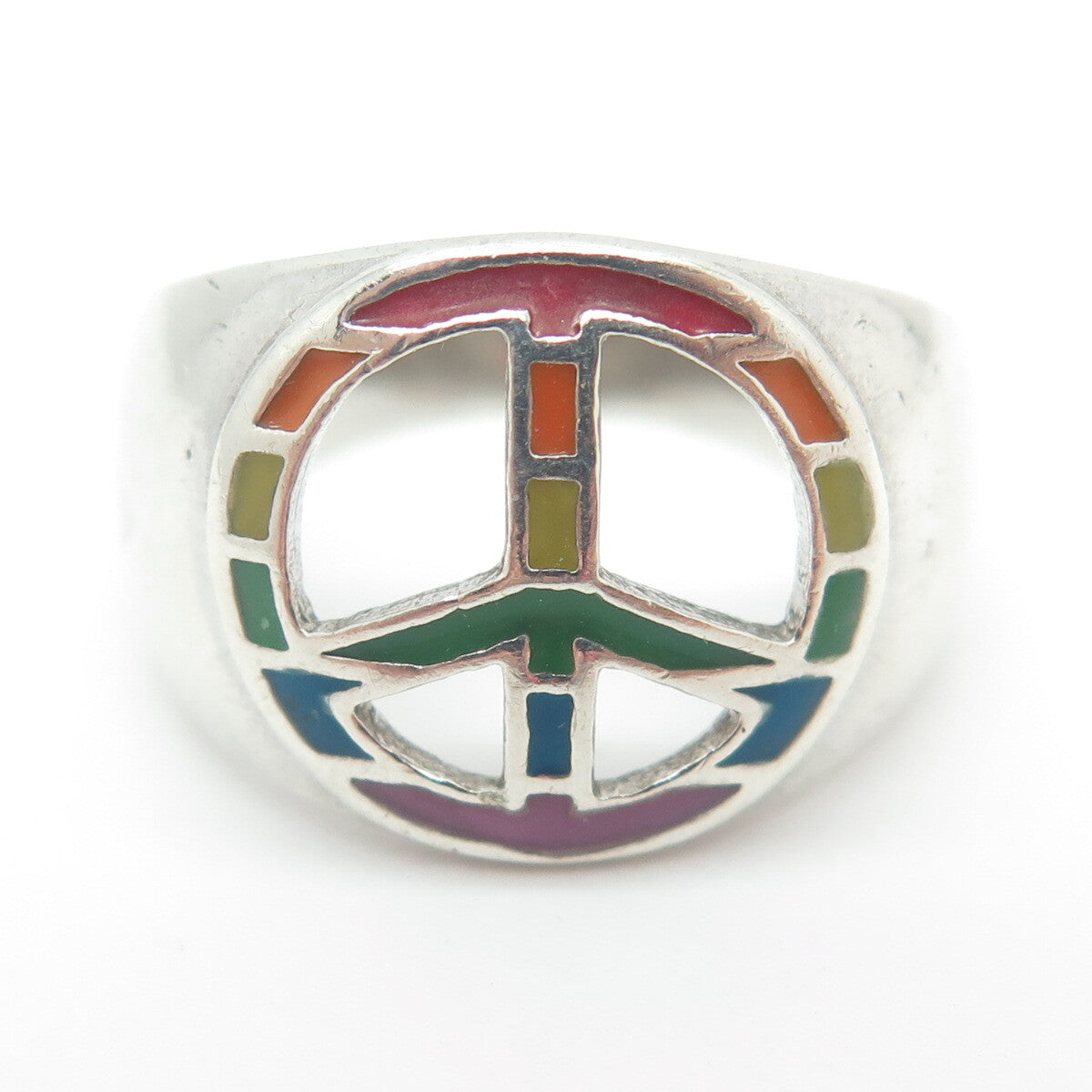 925 Sterling Silver Vintage Enamel Pride Flag Peace Symbol Ring Size 8.25