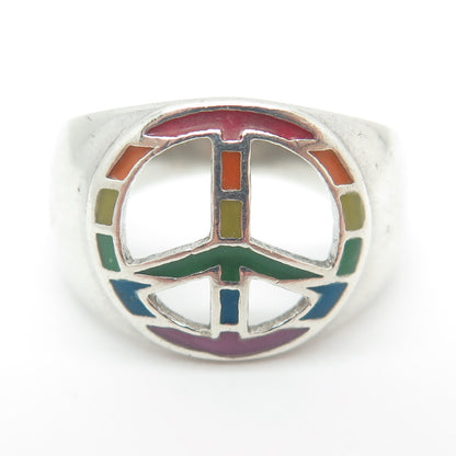 925 Sterling Silver Vintage Enamel Pride Flag Peace Symbol Ring Size 8.25