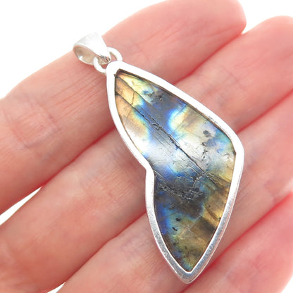 925 Sterling Silver Vintage Real Labradorite Carved Flower Charm Pendant