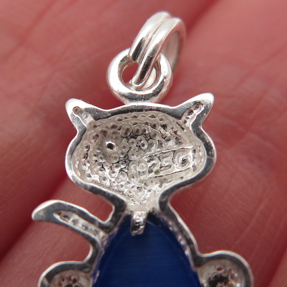 925 Sterling Silver Vintage Real Blue Chalcedony Cat Charm Pendant
