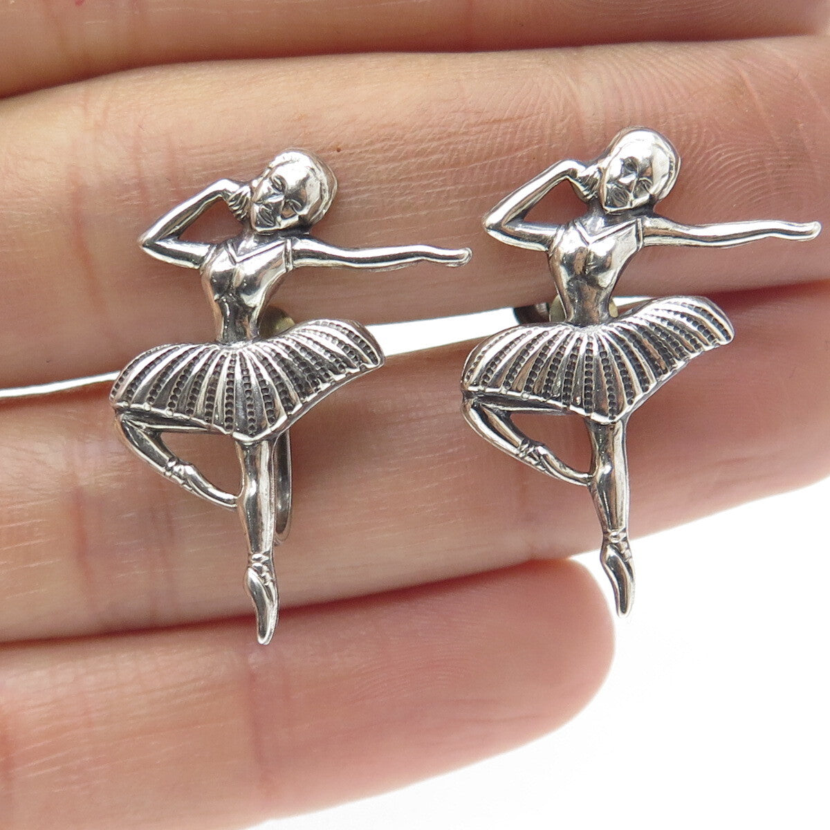 BEAU 925 Sterling Silver Antique Art Deco Ballerina Screw Back Oxidized Earrings