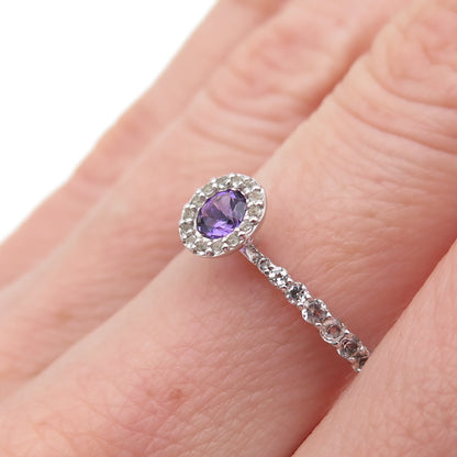 925 Sterling Silver Real Round-Cut Amethyst & White Topaz Ring Size 6.5