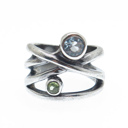 925 Sterling Silver Vintage Real Blue Topaz & Peridot Crisscross Ring Size 6.25