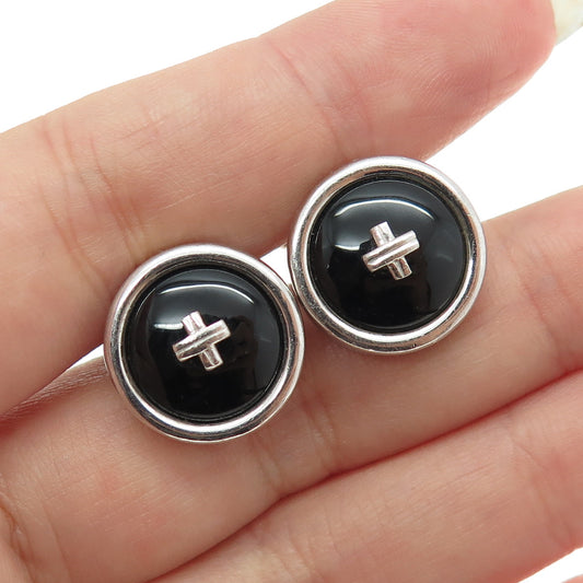 ERMENEGILDO ZEGNA 925 Sterling Silver Vintage Black Onyx Button Cufflinks