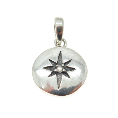 925 Sterling Silver Vintage Real White Topaz Gem Star Engraved Modernist Pendant