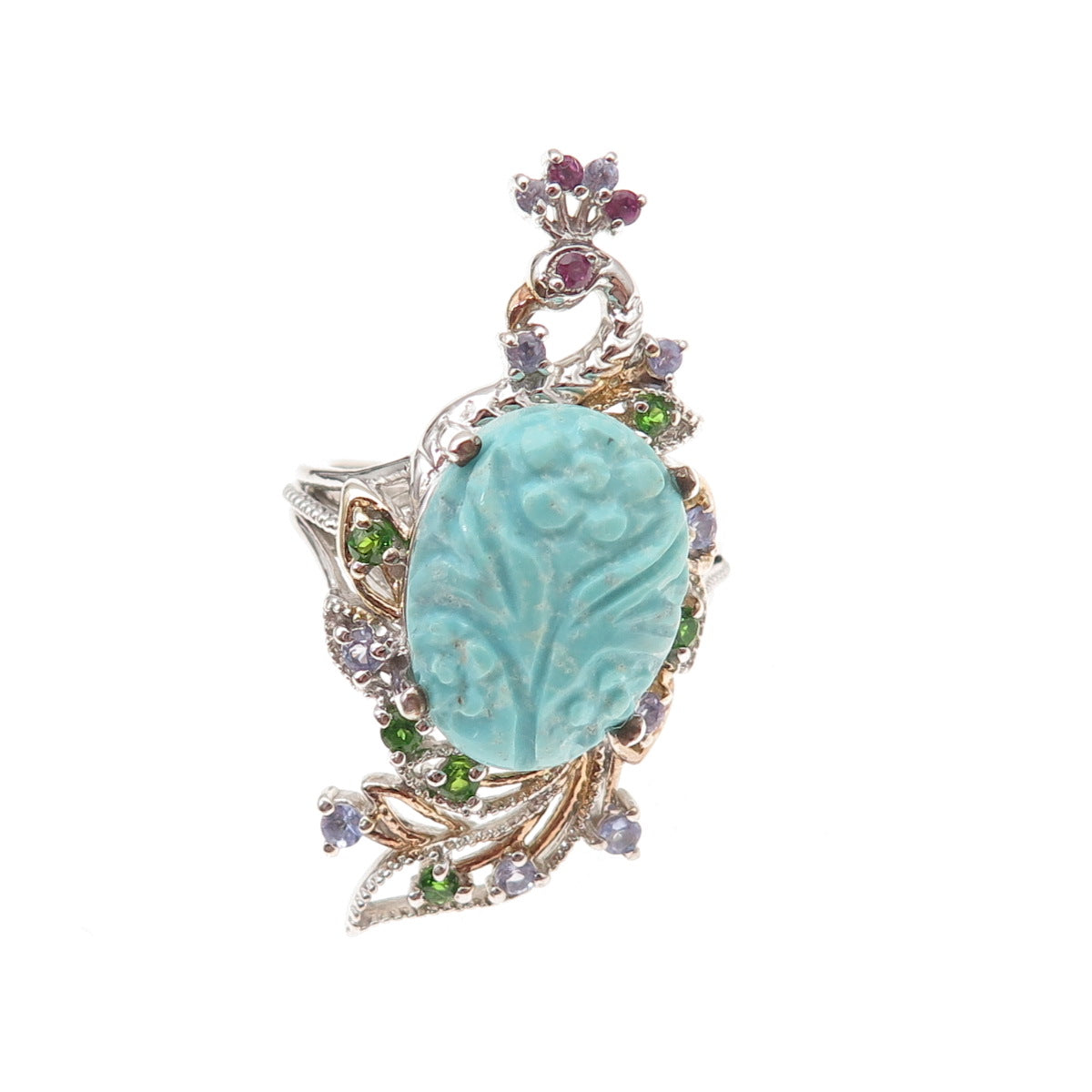Chuck Clemency Sterling Real Turquoise Tanzanite Amethyst & Peridot Ring Size 8