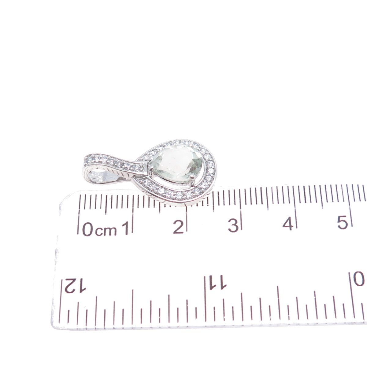 925 Sterling Silver Vintage Real Green Amethyst & C Z Teardrop Charm Pendant