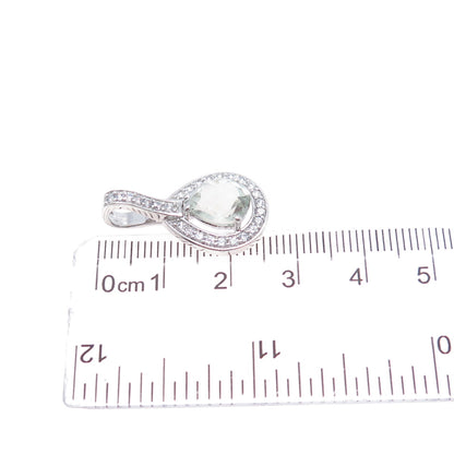 925 Sterling Silver Vintage Real Green Amethyst & C Z Teardrop Charm Pendant