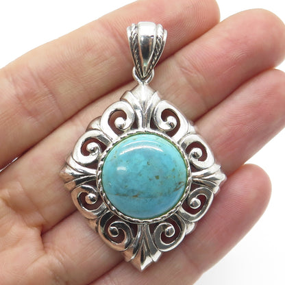 NK SILVER 925 Sterling Silver Vintage Real Cabochon Turquoise Ornate Pendant