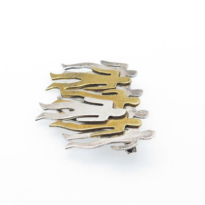 925 Sterling Silver 2-Tone Vintage Mexico Modernist Crowed Of Men Pin Brooch