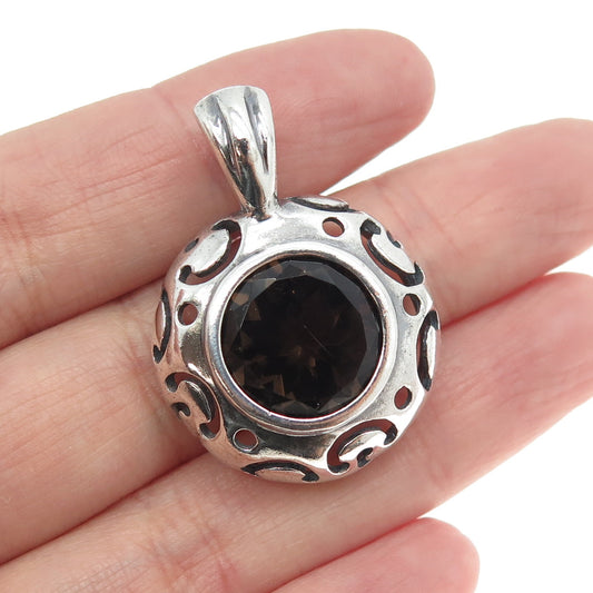 925 Sterling Silver Vintage Real Smoky Quartz Ornate Pendant