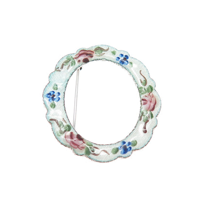 LAMODE 925 Sterling Silver Antique Art Deco Enamel Rose Flower Circle Pin Brooch