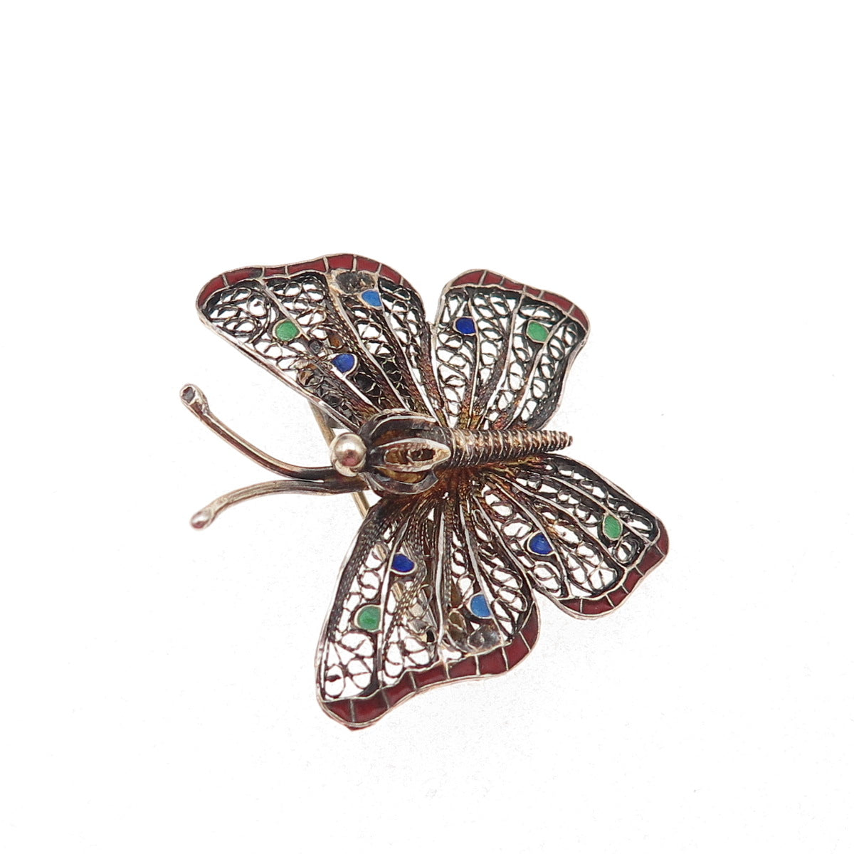 925 Sterling Silver Antique Art Deco Enamel Butterfly Filigree Pin Brooch