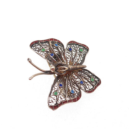 925 Sterling Silver Antique Art Deco Enamel Butterfly Filigree Pin Brooch