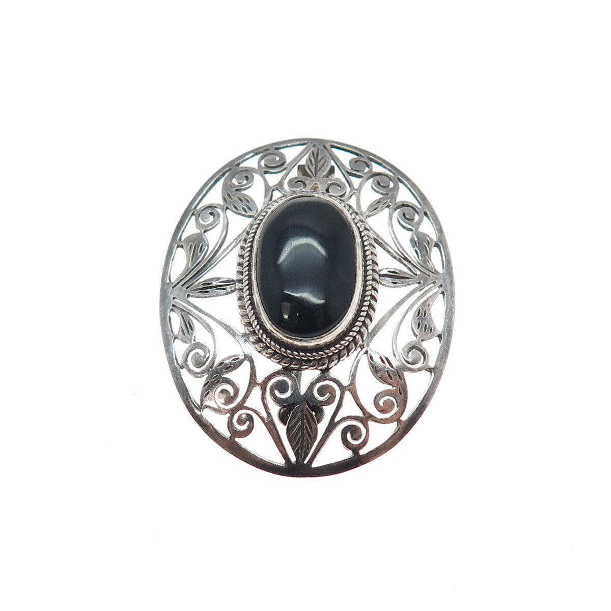 925 Sterling Silver Vintage Real Black Onyx Modernist Floral Oxidized Pin Brooch
