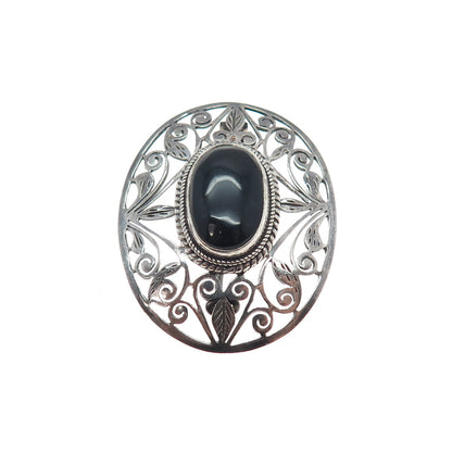 925 Sterling Silver Vintage Real Black Onyx Modernist Floral Oxidized Pin Brooch