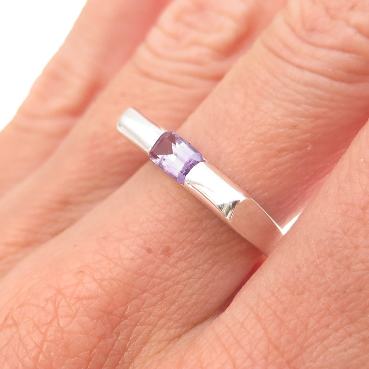 925 Sterling Silver Vintage Real Amethyst Modernist Oxidized Ring Size 7