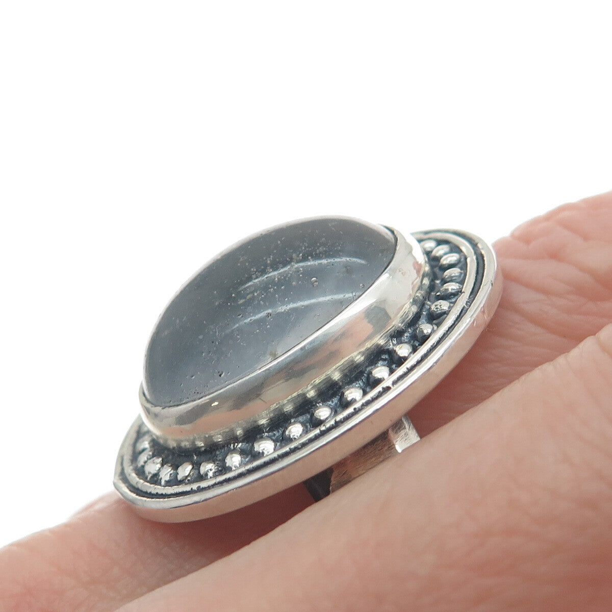 925 Sterling Silver Vintage Clear Glass Granulated Oxidized Ring Size 8.5