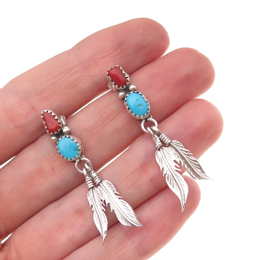 Old Pawn 925 Sterling Silver Vintage Turquoise & Coral Feather Dangle Earrings