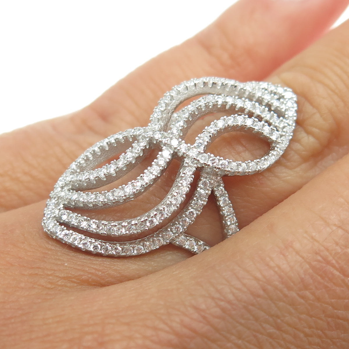 925 Sterling Silver Pave C Z Braided Statement Ring Size 5.25