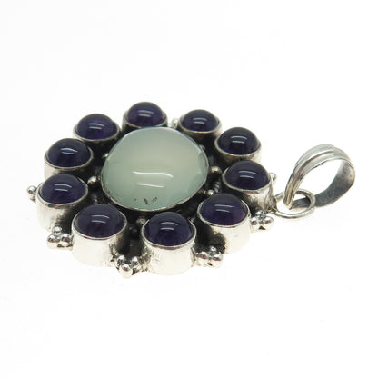 925 Sterling Silver Vintage Real Chalcedony & Amethyst Modernist Floral Pendant