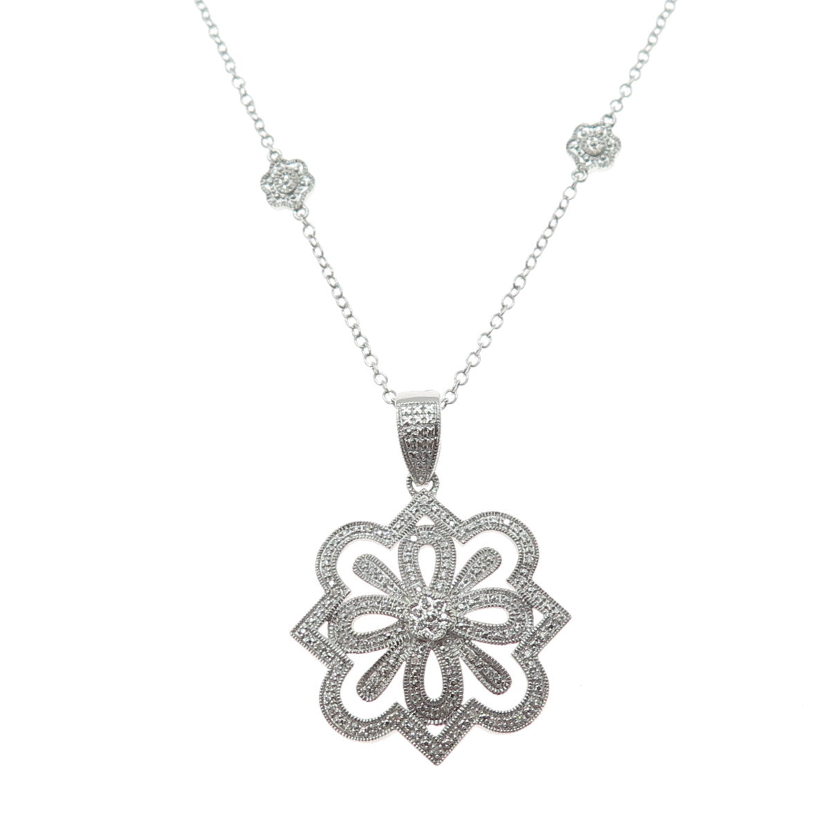925 Sterling Silver Real Round-Cut Diamond Flower Cable Chain Necklace 20"