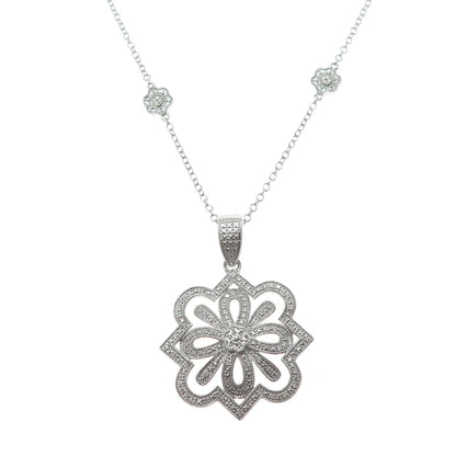 925 Sterling Silver Real Round-Cut Diamond Flower Cable Chain Necklace 20"