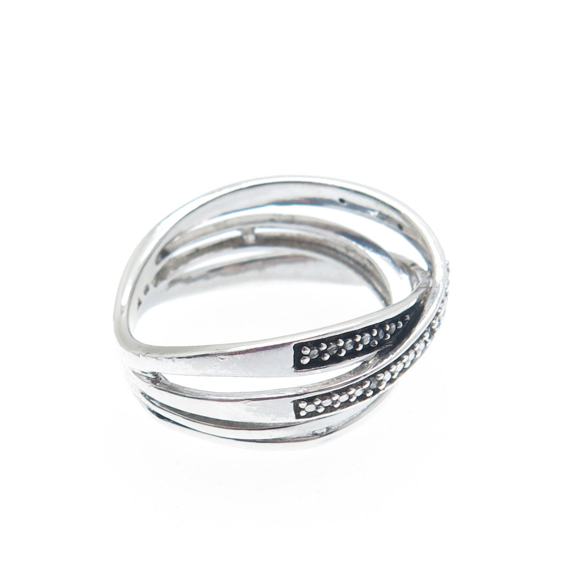925 Sterling Silver Real Round-Cut Black & White Diamond Crisscross Ring Size 7