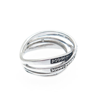 925 Sterling Silver Real Round-Cut Black & White Diamond Crisscross Ring Size 7