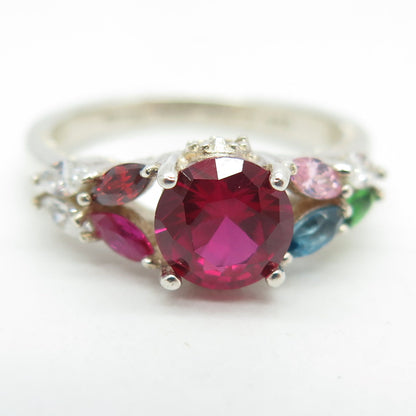 925 Sterling Silver Lab-Created Ruby Chrome Diopside Garnet Topaz Ring Size 8.25