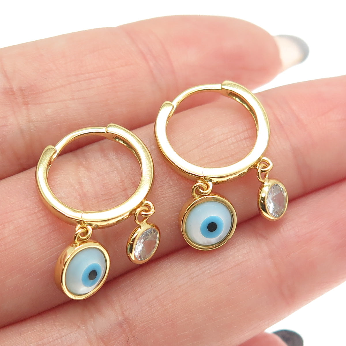 925 Sterling Silver Gold Plated C Z & Enamel Evil Eye Hoop Earrings