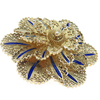 925 Sterling Silver Gold Plated Vintage Enamel Filigree Floral Pin Brooch
