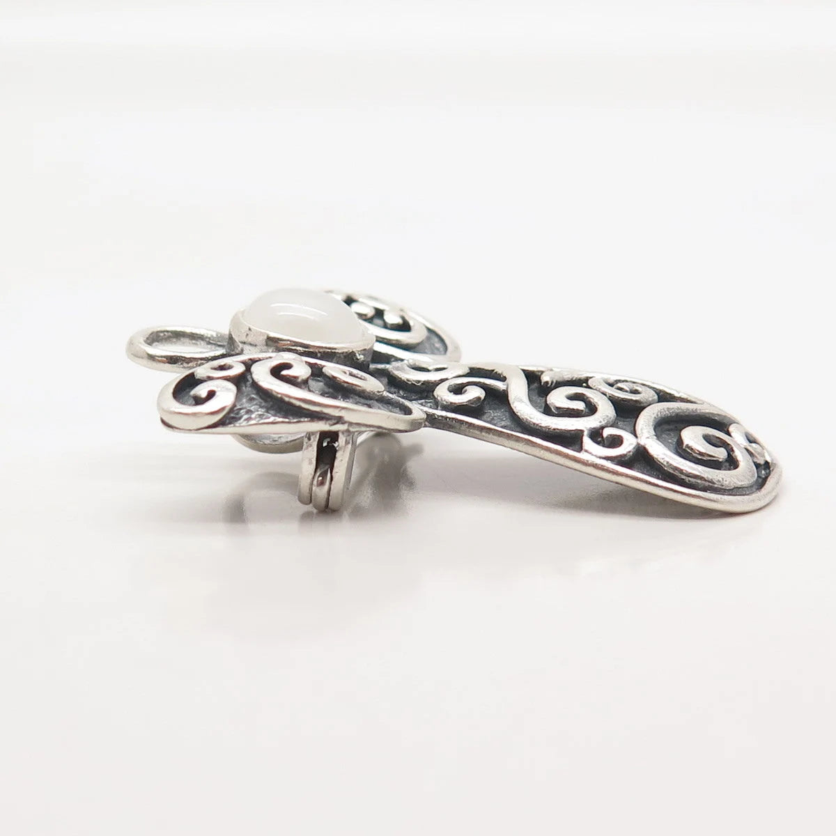 925 Sterling Silver Vintage Milky Chalcedony Gem Ornate Angel Pin Brooch/Pendant