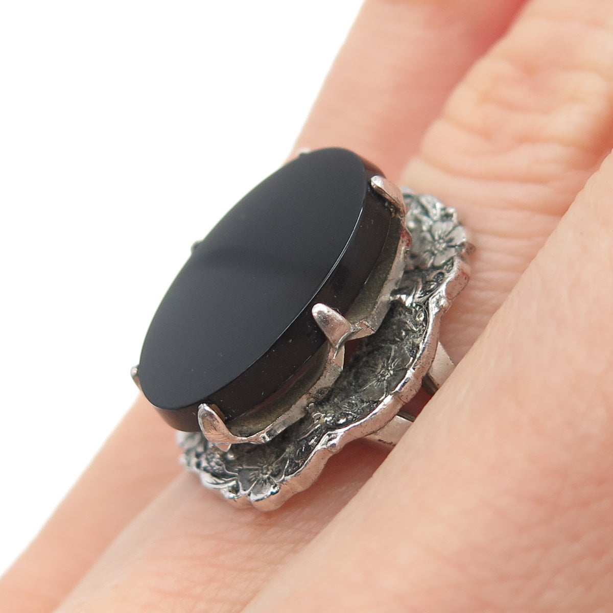 CLARK & COOMBS Sterling Silver Antique Art Deco Real Black Onyx Ring Size 4.75