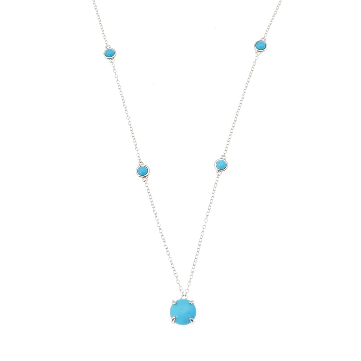 925 Sterling Silver Real Sleeping Beauty Turquoise Station Chain Necklace 18"