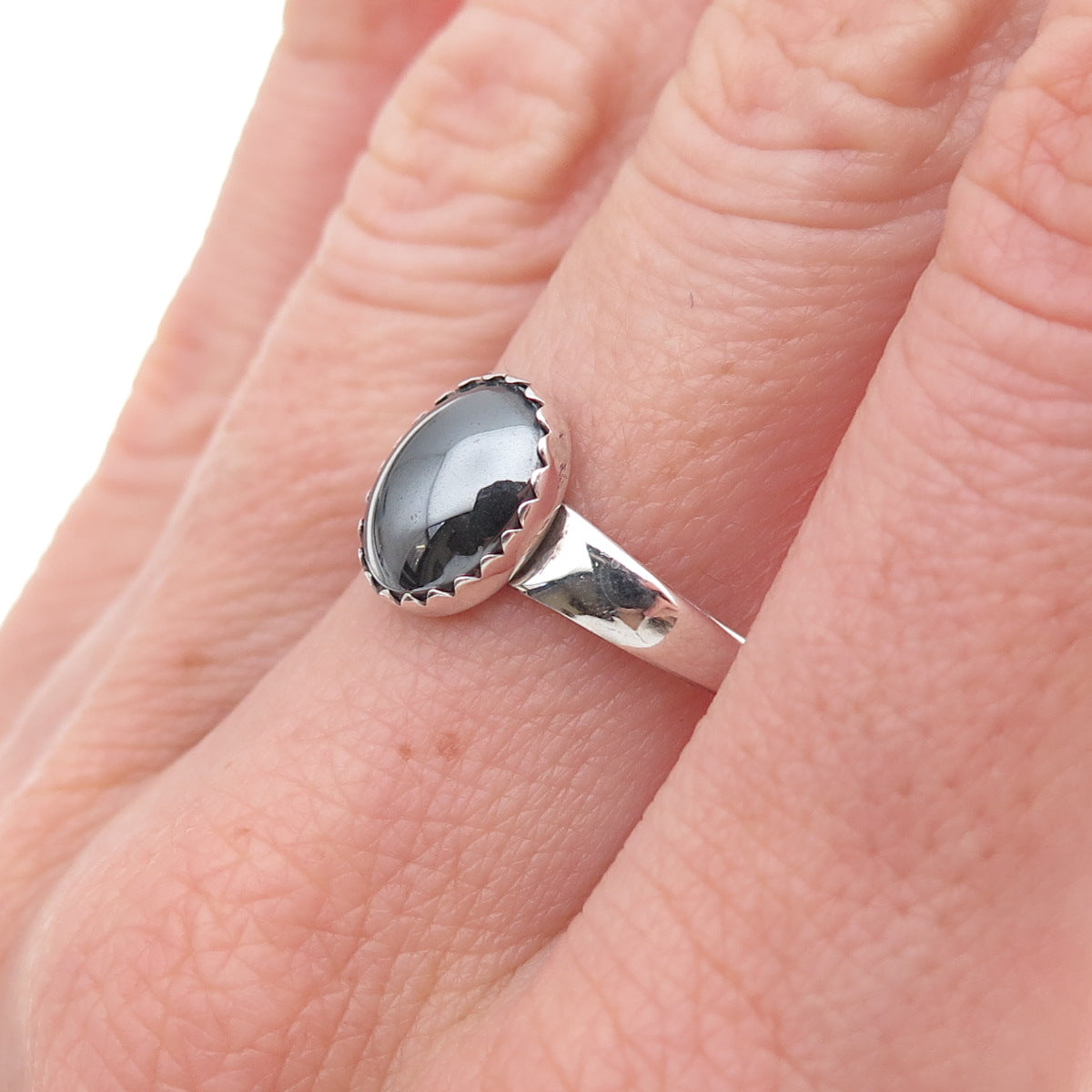J. John Navajo Old Pawn 925 Sterling Silver Vintage Hematite Tribal Ring Size 7