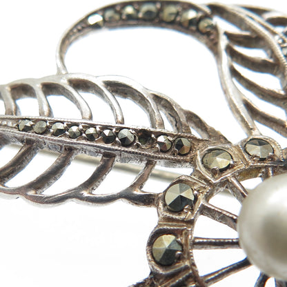 925 Sterling 2-Tone Antique Real Pear & Marcasite Leaf Brooch (missing 1 stone)
