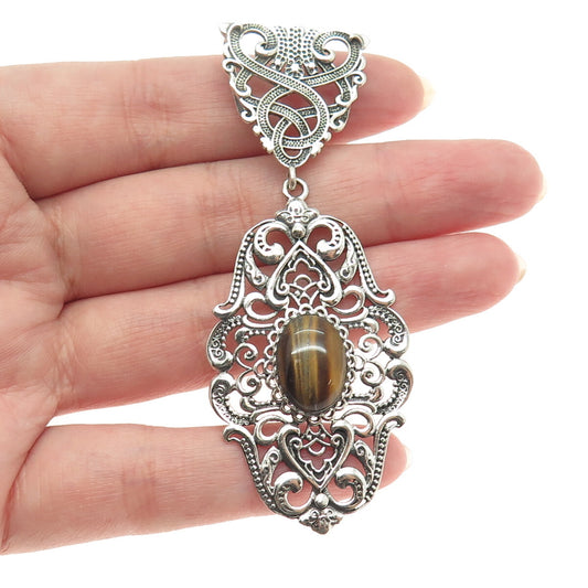 925 Sterling Silver Vintage Real Tiger Eye Celtic Knot Swirl Oxidized Pendant