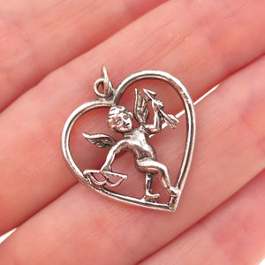 925 Sterling Silver Vintage Cupid Heart Oxidized Charm Pendant