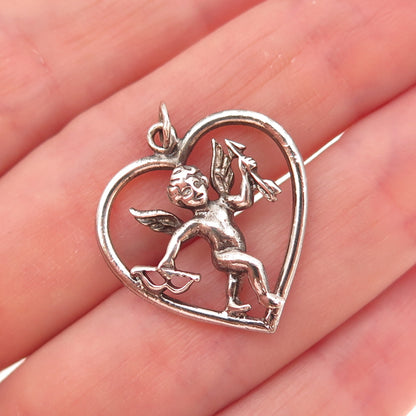 925 Sterling Silver Vintage Cupid Heart Oxidized Charm Pendant