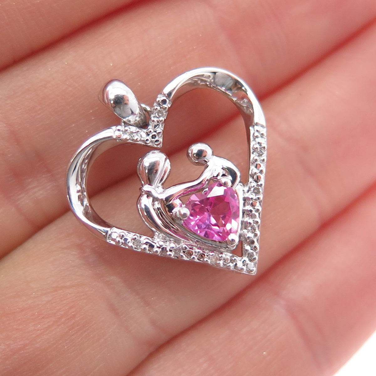 SUN Sterling Silver Real Diamond Pink Sapphire Mom & Child Heart Charm Pendant