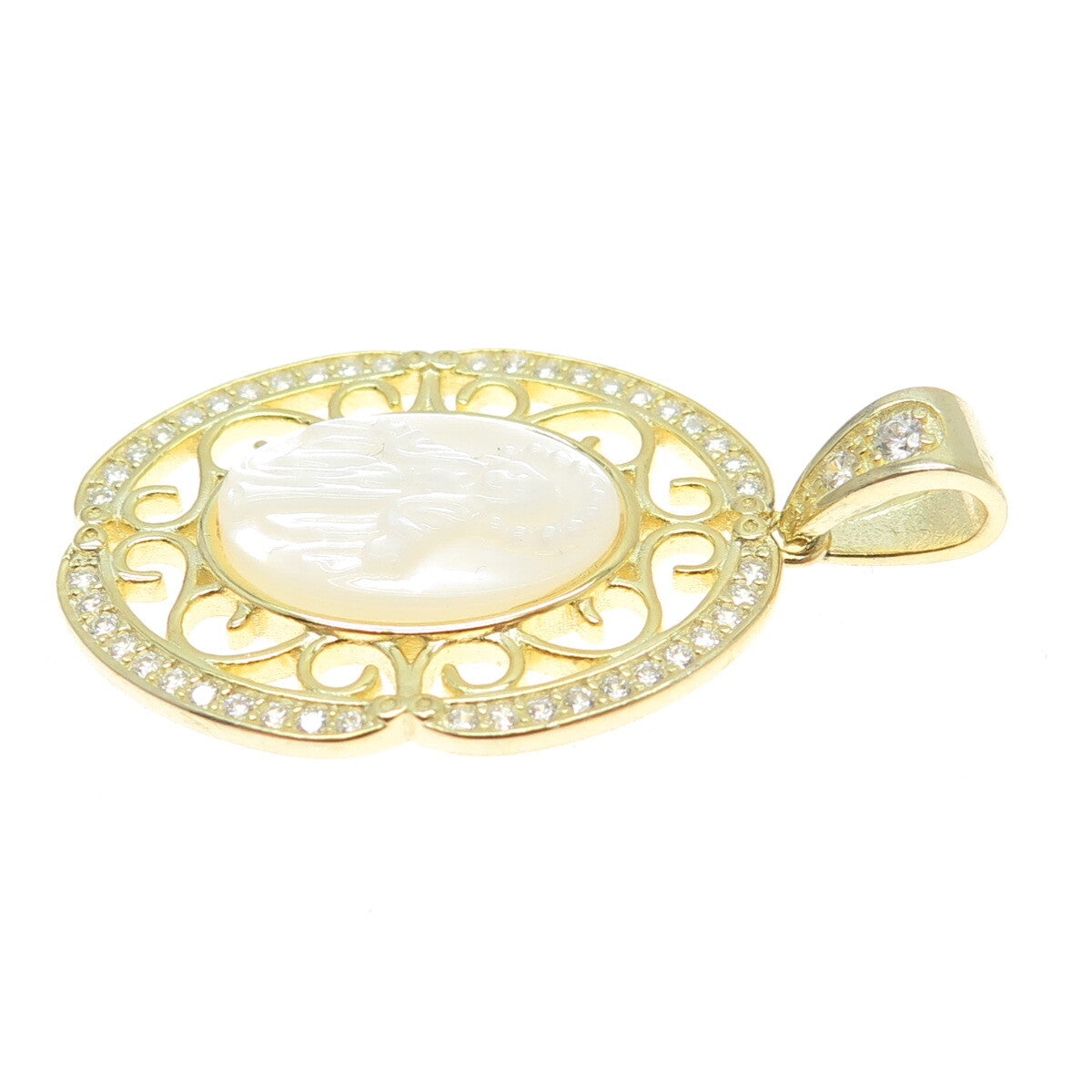 925 Sterling Silver Gold Plated Mother-of-Pearl & C Z Religious Theme Pendant