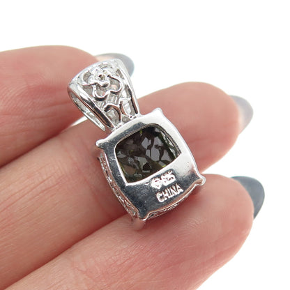 925 Sterling Silver Cushion-Cut Dark Green C Z Pendant