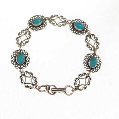 Beau 925 Sterling Silver Vintage Real Turquoise Filigree Oxidized Bracelet 7"