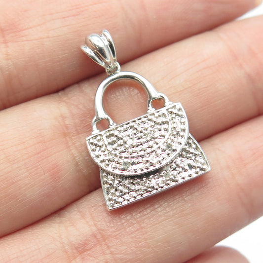 PAGODA 925 Sterling Silver Real Round-Cut White Diamond Lady Purse Pendant