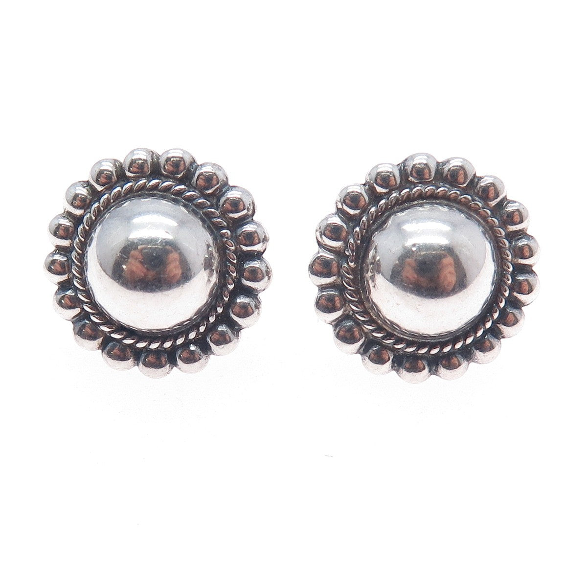 925 Sterling Silver Vintage Beaded Sun Oxidized Screw Back Earrings