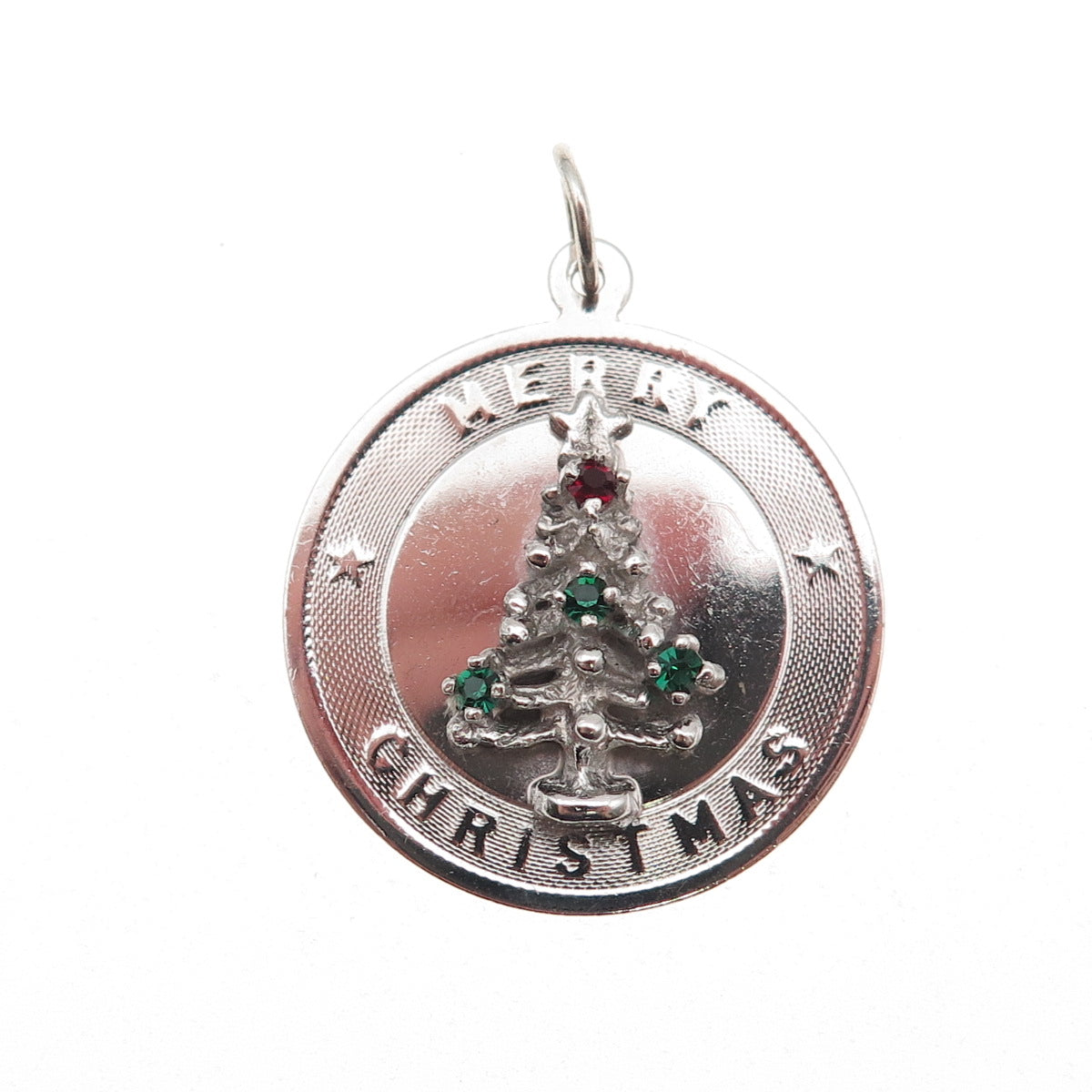 925 Sterling Silver Vintage Rhinestone Merry Christmas Tree Charm Pendant